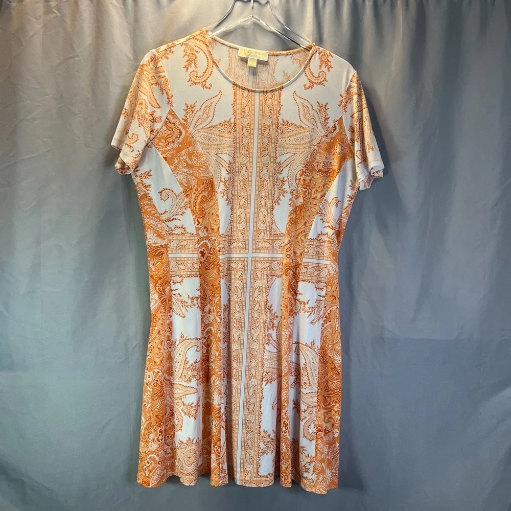 Michael Kors A Line Dress Womens Large White Orange Paisley Print Short Sleeve